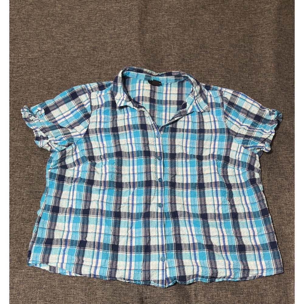 Erika Women's 2X Button Up Shirt Blue Plaid Seersucker Short Sleeve